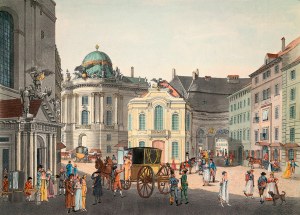 5OE-W1-F5-1800 Wien, Michaeltrakt mit Hoftheater /Postl Wien (Oesterreich), Hofburg / Michaelertrakt (1720-30 erbaut nach Entwurf von Johann Bernhard Fischer von Erlach). - 'Der Michaelsplatz gegen die K.K. Burg'. (Links St. Michaels-Kirche, in der Mitte das Alte Hoftheater). - Aquatinta, koloriert, um 1800, von Karl Postl (1769-1818) nach Karl Schuetz. E: Vienna / St.Michael's Square / Aquatint Vienna, Hofburg / Michaelertrakt (built 1720-30 after designs by Johann Bernhard Fischer von Erlach). - 'St.Michael's Square seen against the Hofburg'. (left: St. Michael's church, middle: the old Hoftheater). - Aquatint, coloured, c.1800, by Karl Postl (1769-1818) after Karl Schuetz. F: Vienne, palais imperial de la Hofbourg / Vienne, palais imperial de la Hofbourg /  aile Michael (constr. 1720-30 d'ap. dessins de Johann Bernhard Fischer von Erlach). - 'La place Saint-Michael vue du palais imperial'. (A g. : l'eglise Saint- Michael , au centre : l'ancien theatre de la cour). - Aquatinte, coloree, v. 1800, de Karl