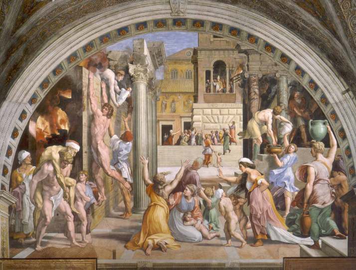 raphael - The Fire in the Borgo. 1514. Fresco. width at base- 670 cm. Stanza dell Incendio di Borgo, Palazzi Pontifici, Vatican